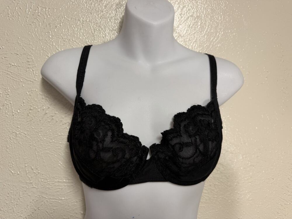 90s Vgt Victoria's Secret Sheer Satin Lace Underwire Balconette Bra Black 34C